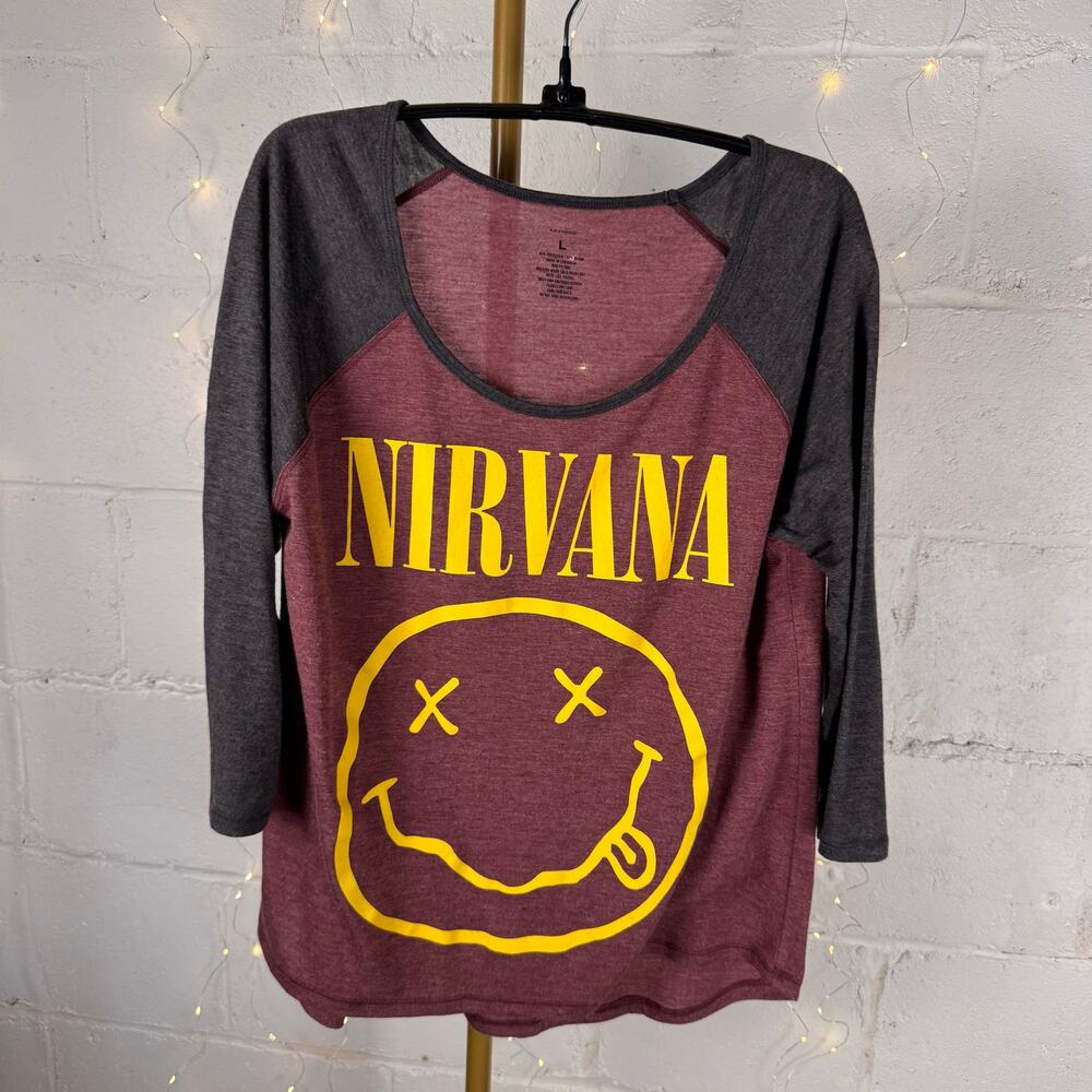 nirvana smiley face raglan 3/4 sleeve graphic band shirt burgundy gray L - Picture 1 of 7